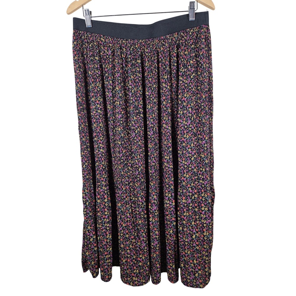Adrianna Papell Maxi Skirt Women L Black Ditsy Floral Pleated Dark Feminine Boho